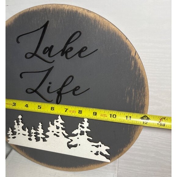 Lake Life Wooden Round Plaque Sign Grey White Black Laser Cut Trees Design 12" - Picture 6 of 6